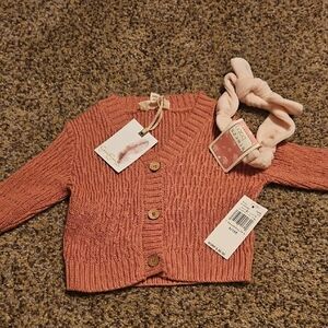 Pink Knit Baby Cardigan with Headband